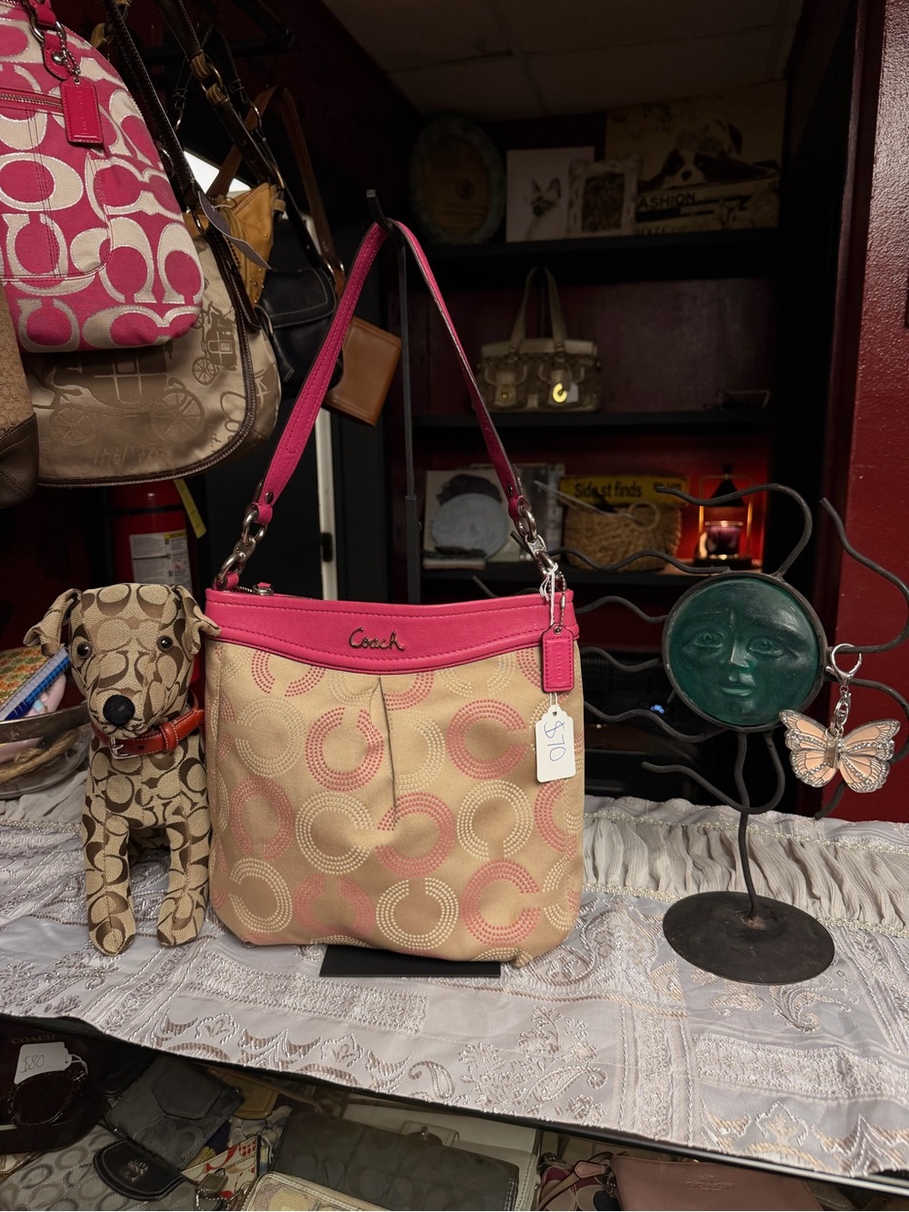Coach Beige Signature Canvas Shoulder Bag with Pink Trim